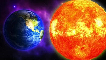 Wall Mural - Colored galaxy with Sun and Planet Earth. Sunrise and sunset in space on Planet Earth. Sun and Planet Earth rotating and approach in open space on the red Milky Way. Beautiful bright animation. 4k