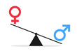 Discrimination and enequal inequality based on sex and gender - heavy man and male symbol as superior to light inferior woman and female. Issue of social handicap and disadvantage. Vector illustration