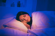 © deagreez - Close-up portrait of her she nice attractive charming lovely cute dreamy brunet girl lying in bed covered white duvet sleeping peacefully at night room house flat apartment hotel indoors