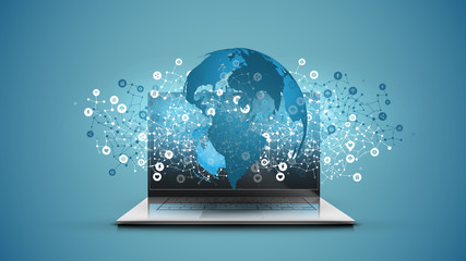 Realistic laptop with 3D world map with blue background, vector illustration