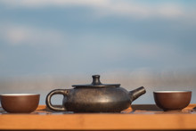 Vintage Chinese Set With Black Tea Ceremony Yixing Teapot On Green Background