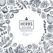 © Maria - Herbs and spices frame design. Ginger, spinach, onion, pepper, garlic, fennel, basil, oregano engraved vintage illustration. Vector illustration