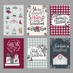 Set of Merry Christmas greeting hand drawn lettering cards in traditional farmhouse style,banners,invitations. Happy New Year, Happy Holidays cards winter florals and winter objects scandinavian style