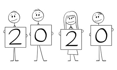 Poster - Vector cartoon stick figure drawing conceptual illustration of four people or businesspeople of businessmen and businesswoman holding year 2020 signs.