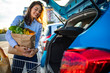 © Dragana Gordic - Woman putting her shooping bags into car at shopping mall parking lot. She has done some light shopping,mainly food. Young happy beautiful woman shifts the purchase from shopping cart in the trunk
