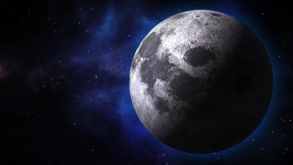 Wall Mural - Planetary moon from space. Earth's natural satellite rotating animation. Motion moon in the blue galaxy with stars. Video contains: Moon, Luna, lunar, space, planet, galaxy, stars, cosmos. 4k