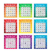 Set Of American Bingo Tickets For Party. Bright Templates With Various Glowing Backgrounds With Stars. Vector Lottery Tickets With Numbers