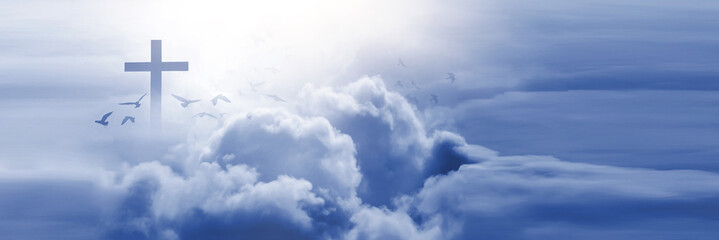 christian cross appeared bright in the sky with soft fluffy clouds, white, beautiful colors. with th