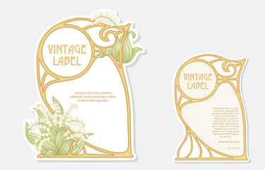 Lily of the valley. Set of 2 labels, decorative frames, borders. Good for product label. Vector illustration. In art nouveau style, vintage, old, retro style. Isolated on white background..