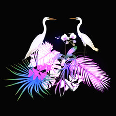  A composition of tropical plants, palm leaves, monsters and white orchids with heron In botanical style Colored vector illustration in neon colors. Colored and outline design. On black background.