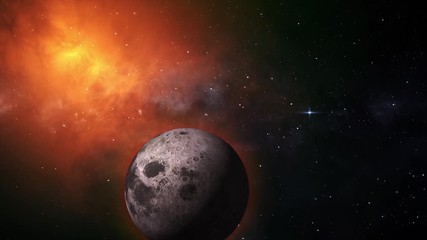 Wall Mural - Planetary moon from space. Earth's natural satellite rotating animation. Motion moon in the orange galaxy with stars. Video contains: Moon, Luna, lunar, space, planet, galaxy, stars, cosmos. 4k