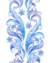 Repeating Winter Border Frame With Snow Flakes. Water Color Decorative Strip With Scrolls, Curves, Snowflakes