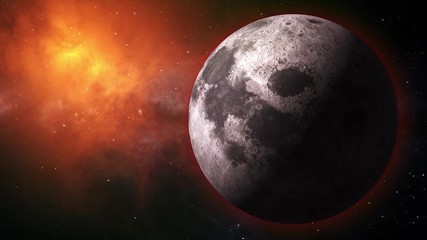 Wall Mural - Planetary moon from space. Earth's natural satellite rotating animation. Motion moon in the orange galaxy with stars. Video contains: Moon, Luna, lunar, space, planet, galaxy, stars, cosmos. 4k