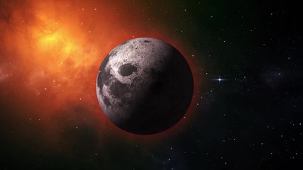 Wall Mural - Planetary moon from space. Earth's natural satellite rotating animation. Motion moon in the orange galaxy with stars. Video contains: Moon, Luna, lunar, space, planet, galaxy, stars, cosmos. 4k