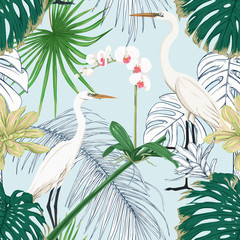 Seamless pattern, background. with tropical plants and flowers with white orchid and tropical birds on sky blue background.. Colored and outline design. Vector illustration..