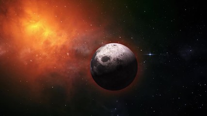 Wall Mural - Moon rotates around its axis moving right to left motion in the colored galaxy. Earth's natural satellite. Video animation contains: Moon, Luna, Milky Way, Space, Planet, Galaxy, Stars, Cosmos. 4k