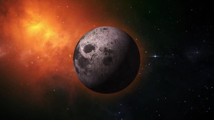 Wall Mural - Planetary moon from space. Earth's natural satellite rotating animation. Motion moon in the orange galaxy with stars. Video contains: Moon, Luna, lunar, space, planet, galaxy, stars, cosmos. 4k