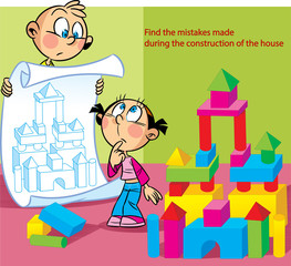 Wall Mural - In the vector illustration, a puzzle in which a boy and a girl build a toy house out of cubes. It is necessary to find the mistakes made by children.