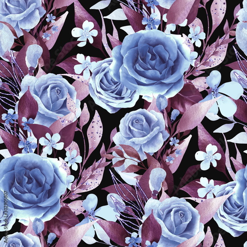 Seamless wallpaper pattern with blue roses on black. Watercolor illustration