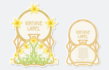 Wall Mural - Narcissus. Set of 2 labels, decorative frames, borders. Good for product label with place for text Colored vector illustration. In art nouveau style, vintage, old, retro. Isolated on white background.