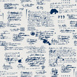 Vector seamless pattern with spots, ink blots, illegible entries and notes. Abstract background with unreadable scribbles imitating handwritten text. Suitable for wallpaper, wrapping paper or fabric