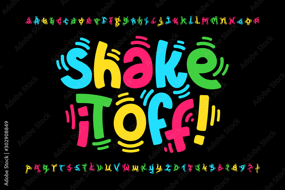 Shaky style font design, shake it off poster, vibrant alphabet letters and numbers - obrazy, fototapety, plakaty 