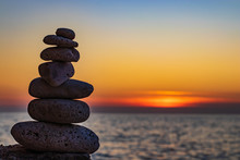 Zen Concept. The Object Of The Stones On The Beach At Sunset. Harmony & Meditation. Zen Stones.