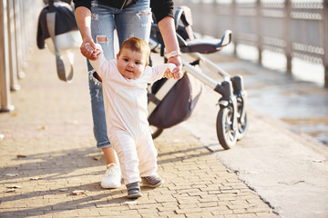 Wall Mural - Mother with pram in casual clothes with her child is in the park