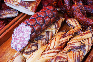 Sticker - smoked meat and sausages as food background