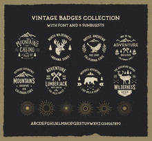 Vintage Badges Collection With 6 Sunbursts. Adventure Set.  Textured Vintage Vector T-shirt And Apparel Design, Print, Logo, Poster. Vector