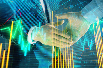 Multi exposure of forex graph and world map on abstract background with two businessmen handshake. Concept of success on international markets