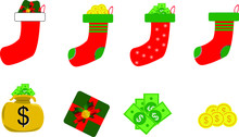 Christmas Sock And Gift, Money On White Background Vector