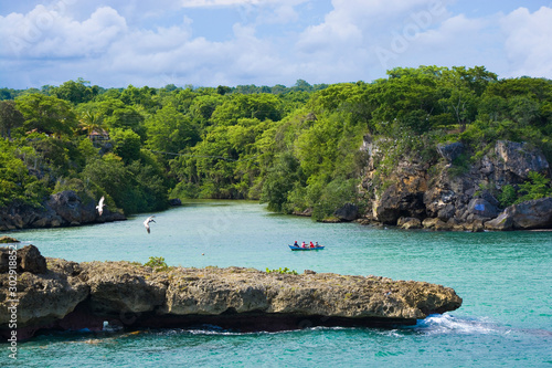 View of rocky coast and mou...