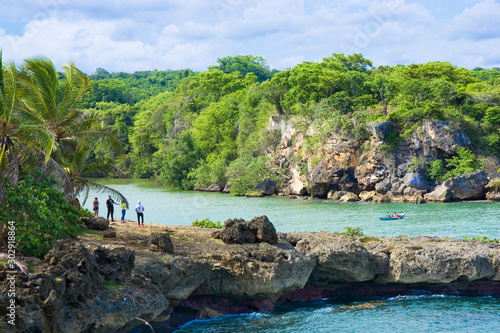 View of rocky coast and mou...