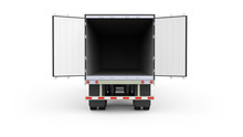 Generic American White Semi Trailer With Opened Back Doors From The Back View, Photo Realistic Isolated 3D Illustration On The White Background.