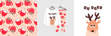 Seamless Christmas Pattern And Illustration For Kid With Fawn, Text Oh Deer