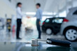 © เลิศลักษณ์ ทิพชัย - Agreements to buy new cars, new car loans or signing contracts with car keys and money in the foreground Blurred background for two business people standing hand in hand