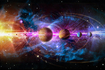 Solar system planets set. The Sun and planets in a row on universe stars and lines of gravity background. Elements of this image furnished by NASA.