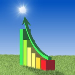 Spirit of green living - green ecology concept - compilation of 3D bar graph and ascending arrow on green meadow - blue sky background with shining sun - 3D illustration