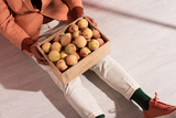 Fototapeta Mapy - cropped view of man in blazer sitting with sweet peaches in box on white with shadows