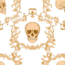 Floral Pattern With Human Skull. Seamless Pattern In Baroque Style. Vector Illustration.