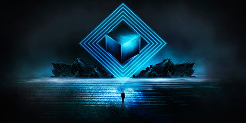 Wall Mural - Modern futuristic neon abstract background. Large object in the center, space background. Dark scene with neon light. Reflection of light on a wet surface.
