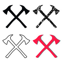Flat Style Fire Ax Cross Icon Sign Set. Fire Department Axe Logo Symbol. Vector Illustration Image. Isolated On White Background.
