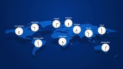 Wall Mural - world map with major big cities and their current time business concept of time zones on planet earth