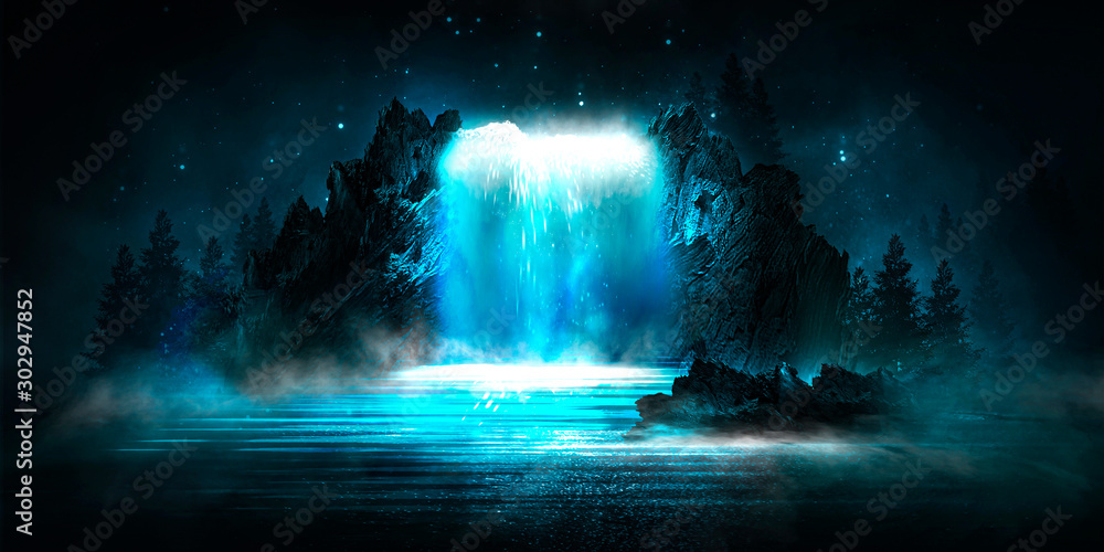 Futuristic night landscape with abstract landscape and island, moonlight, shine. Dark natural scene with reflection of light in the water, neon blue light. Dark neon background. 3D illustration - obrazy, fototapety, plakaty 