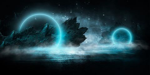 futuristic night landscape with abstract landscape and island, moonlight, shine. dark natural scene 