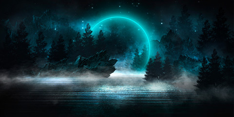 Wall Mural - futuristic night landscape with abstract landscape and island, moonlight, shine. dark natural scene 