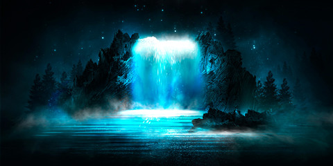 Wall Mural - futuristic night landscape with abstract landscape and island, moonlight, shine. dark natural scene 