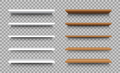 Empty shelf for stand box for store, advertising merchandising. 3d white blank showcase display in mockup style for interior house. Bookcase, store rack on isolated background. Wood shelves. vector