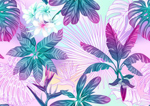 Tropical Plants And Flowers. Seamless Pattern, Background. Colored And Outline Design. Vector Illustration In Neon, Fluorescent Colors. On Mash Background..